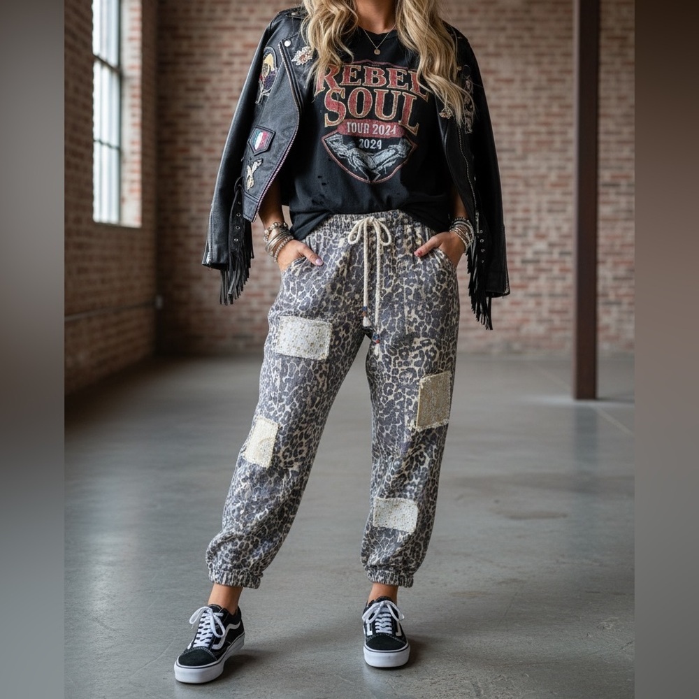 NWT POL Leopard Animal Cheetah Print Patchwork Floral Crochet Patch Jogger Pants - Picture 10 of 12